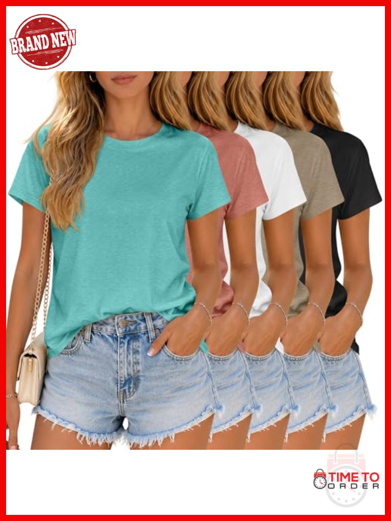 5 Pack Women's Short Sleeve Crew Neck Basic Tees Knit Workout Summer Tops